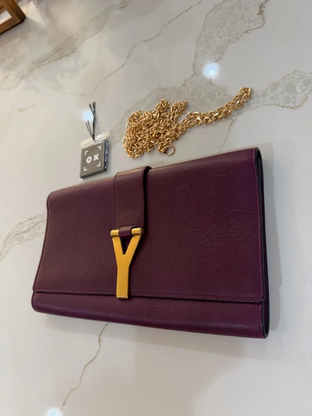 Yves Saint Laurent Plum Leather Clutch with Gold Y Accent - Picture 3 of 7